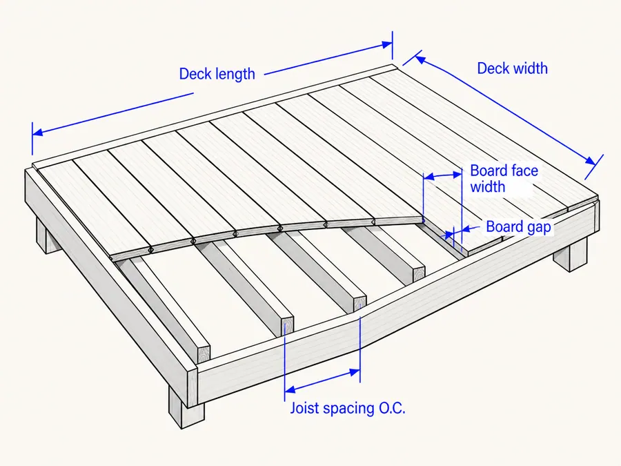 Deck diagram showing deck length, deck width, board face width, board gap, and joist spacing on center