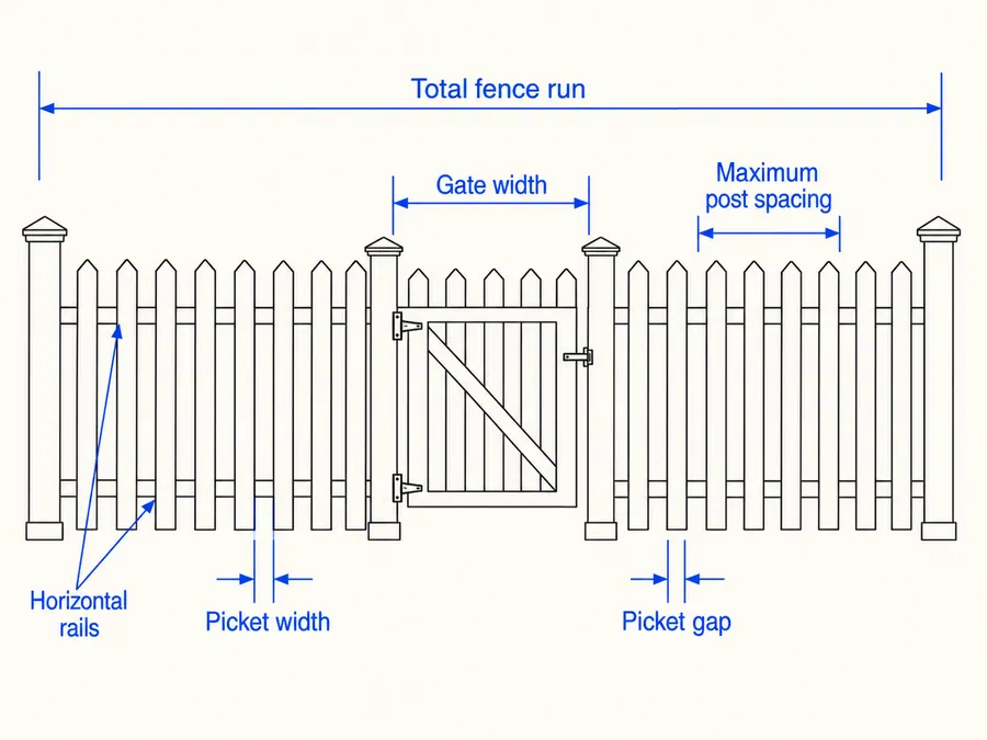 Fence diagram showing total run, gate width, maximum post spacing, picket width, picket gap, and horizontal rails