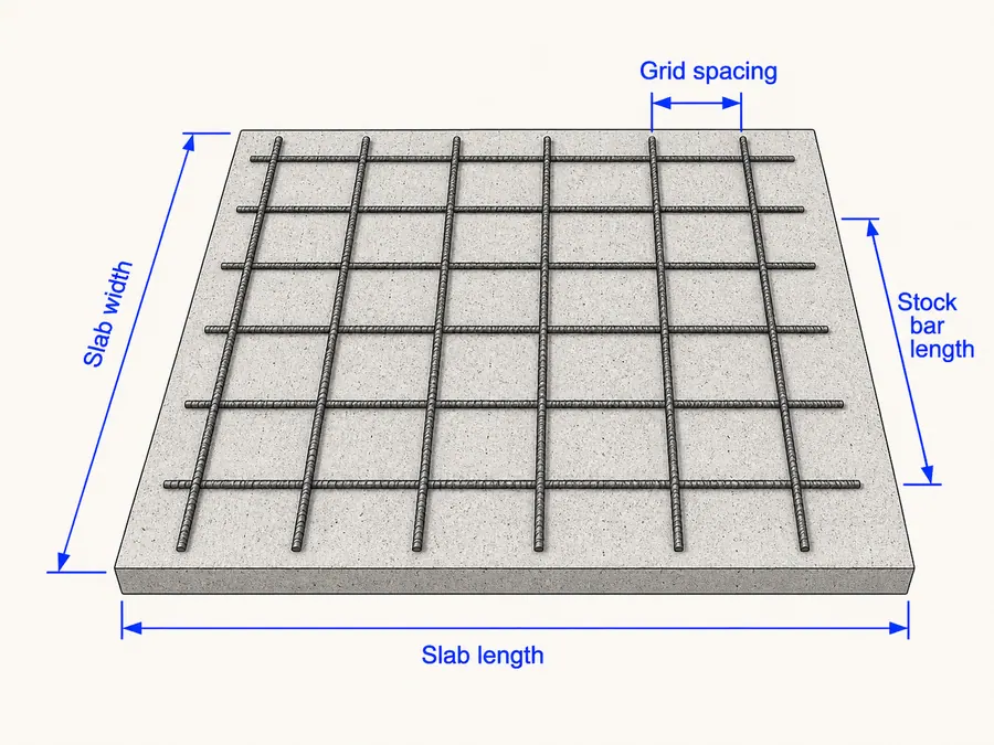 Rebar grid diagram showing slab length, slab width, grid spacing, and stock bar length
